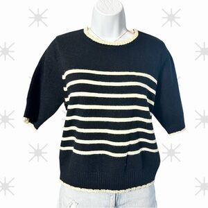 Nanette Lepore Size Medium Black White Striped Knit Top Short Sleeve Sweater